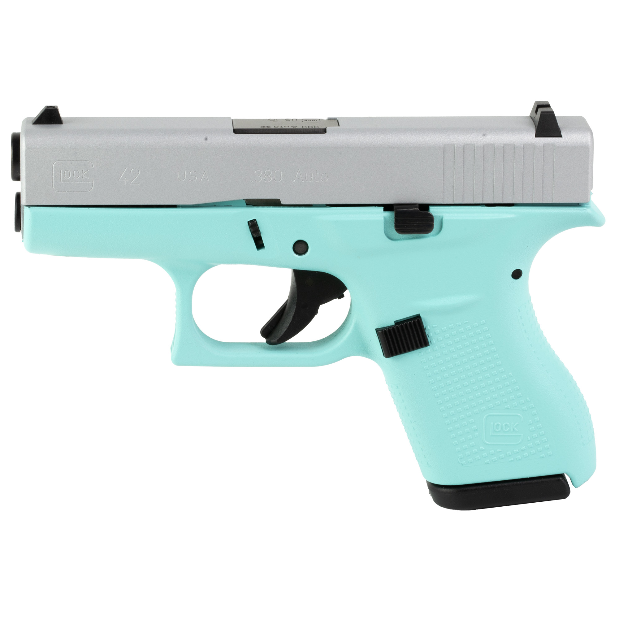 GLOCK 42 Semi-Automatic Pistol .380 ACP 3.25" Barrel 6 Rounds Polymer Frame Cerakote Finish, Robin's Egg Blue with Crushed Si