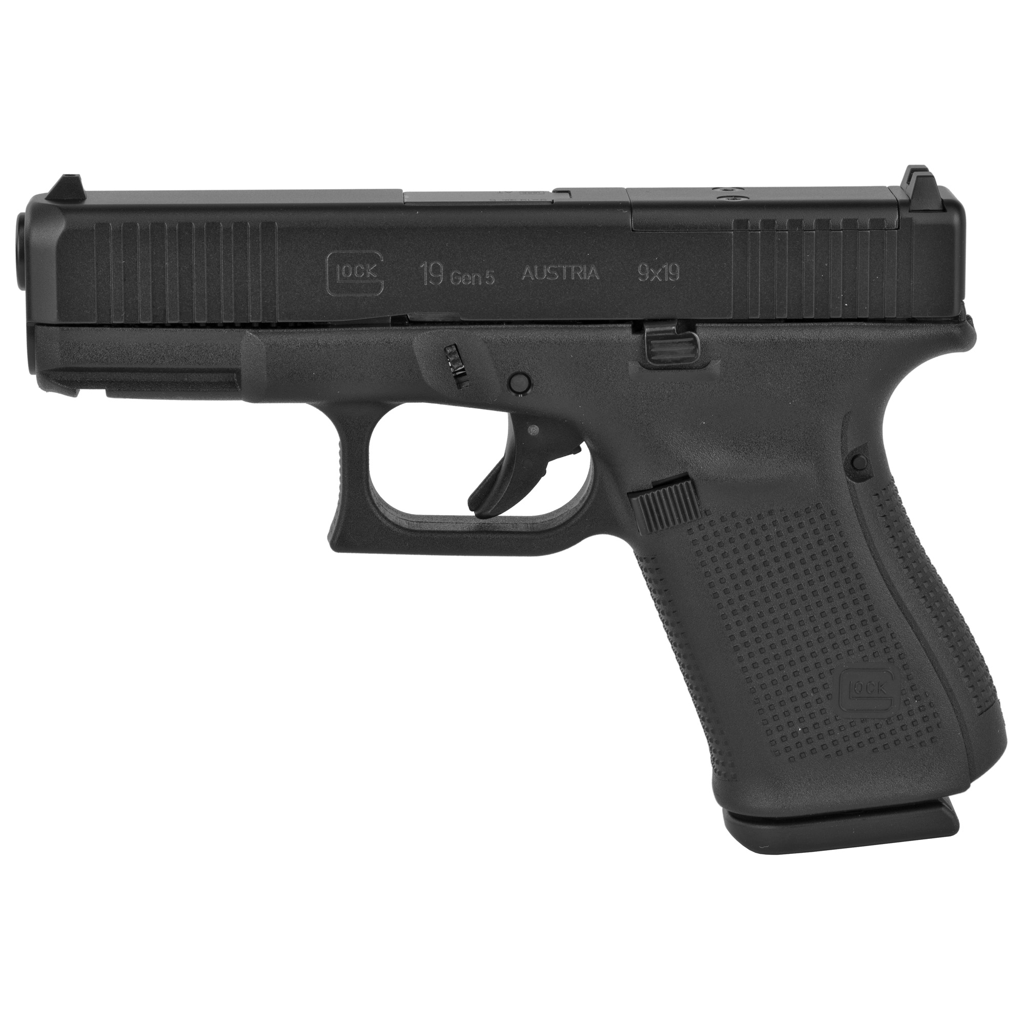 Glock G19 Gen5 MOS 9mm Luger 4.02" 15+1 Black nDLC Steel w/Front Serrations Slide Black Rough Texture Interchangeable Backstraps