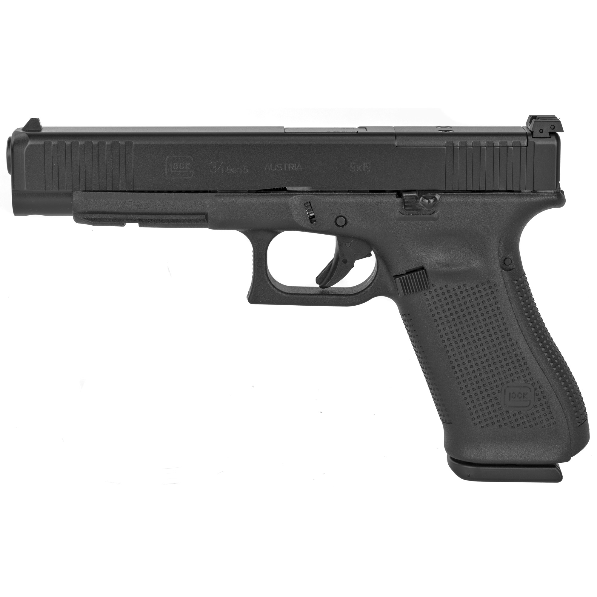 Glock G34 Gen5 MOS 9mm 5.31" 17+1 Black nDLC Steel w/Front Serrations Slide Black Rough Texture Interchangeable Backstraps Grip