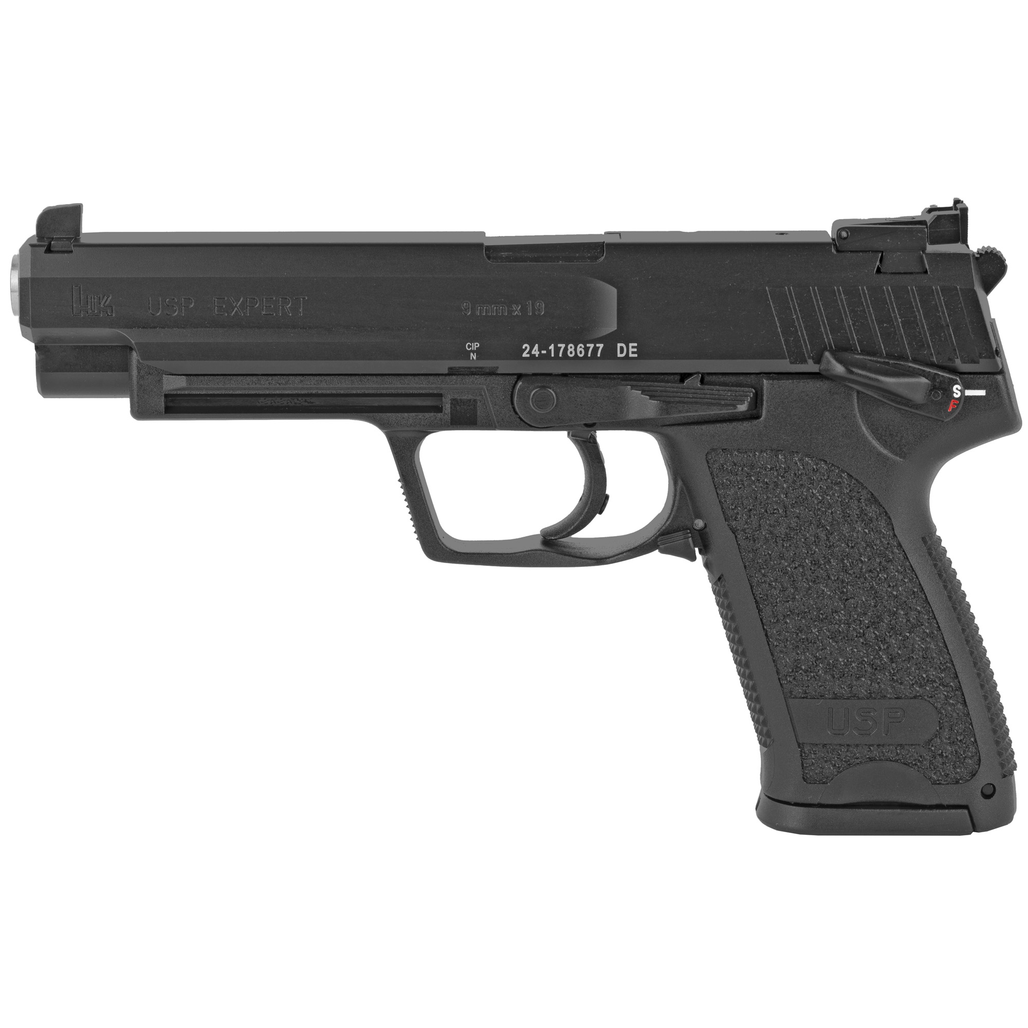 Heckler & Koch 9mm USP9, Expert, V1, DA/SA, Semi-Automatic, Polymer Frame Pistol, Full Size, 5.2” Barrel, Black, Adjustable Sigh