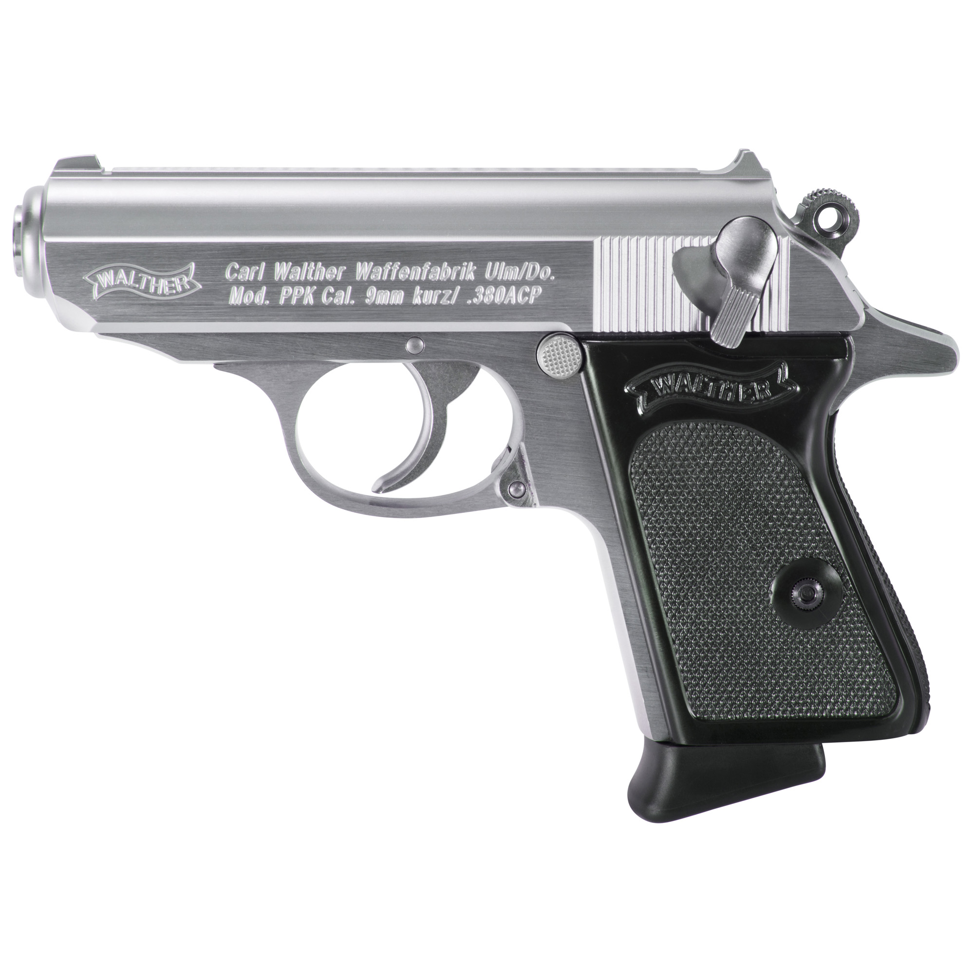 Walther Arms PPK 380 ACP Pistol Stainless/Silver, 3.3" Barrel, 6+1 Rounds, 3-Dot Sights, Manual Safety Checkered Grip Panels,