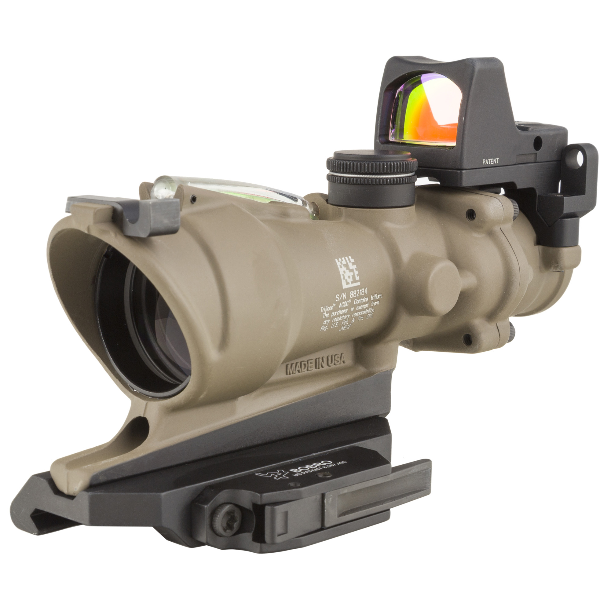 Trijicon 4x32 ACOG ECOS, Dual Illuminated Green Crosshair 5.56 Reticle with Backup Iron Sights, Quick Release Mount & LED,