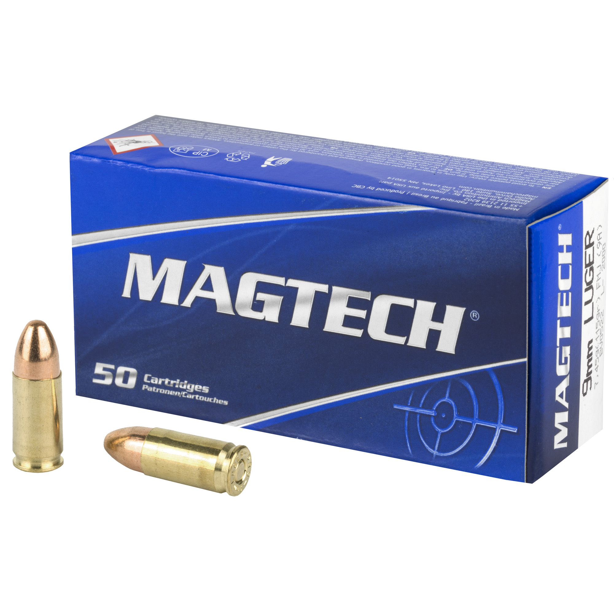 Magtech, Sport Shooting, 9MM, 115 Grain FMJ, Round Nose, Full Metal Case, 50 Round Box,  Case Pack 20-Boxes (1000Rds.), 9A,