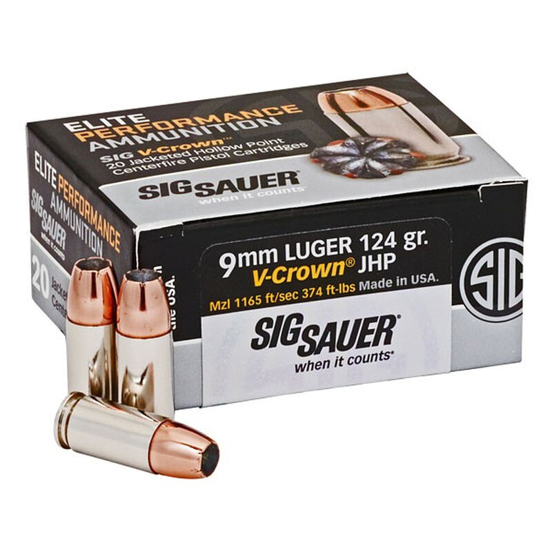 SIG Sauer Elite, 9mm Luger, V-Crown JHP Ammo, 124 Grain,  MPN # E9MMA2-20	, UPC: 798681458202