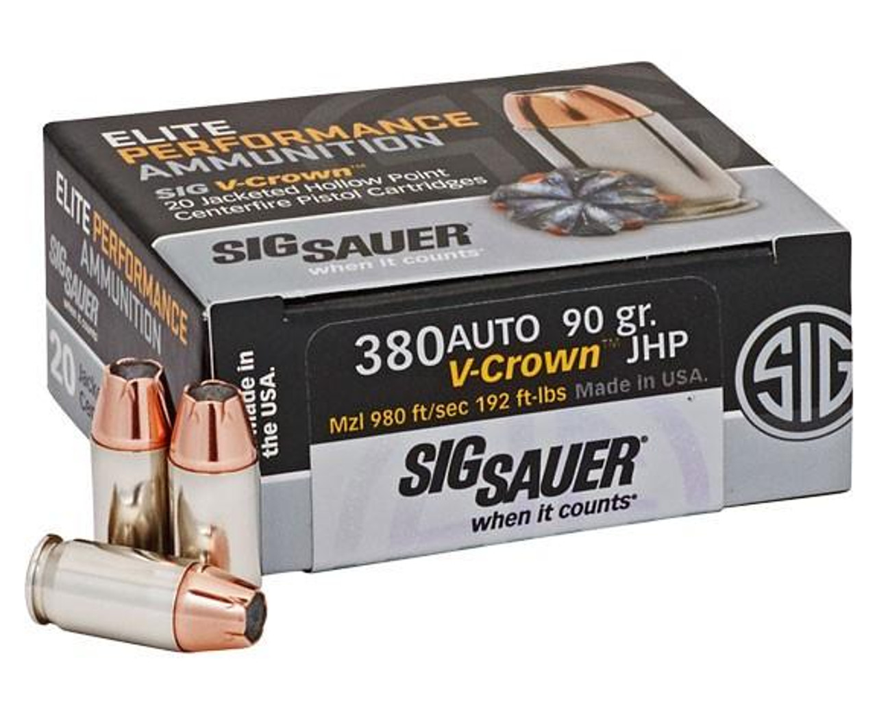 SIG Sauer Elite .380 ACP V-Crown JHP Ammo 90 Grain MPN # E380A1-20, UPC: 798681458172