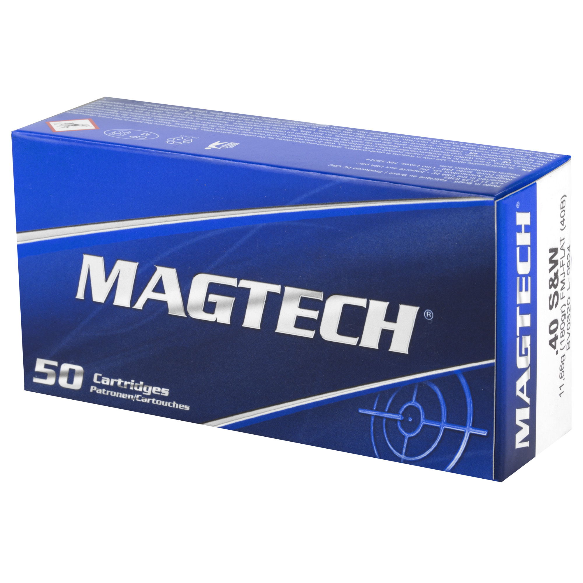 Magtech, Sport Shooting, 40S&W, 180 Grain FMJ, Flat Nose, Full Metal Case, 50 Round Box,  Case Pack 20-Boxes (1000Rds.), 40B,