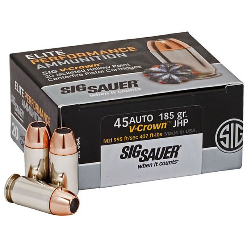 SIG Sauer Elite Performance V-Crown, 45 ACP Ammunition, 185 Grain,  MPN # E45AP0-20, UPC: 798681501663,,