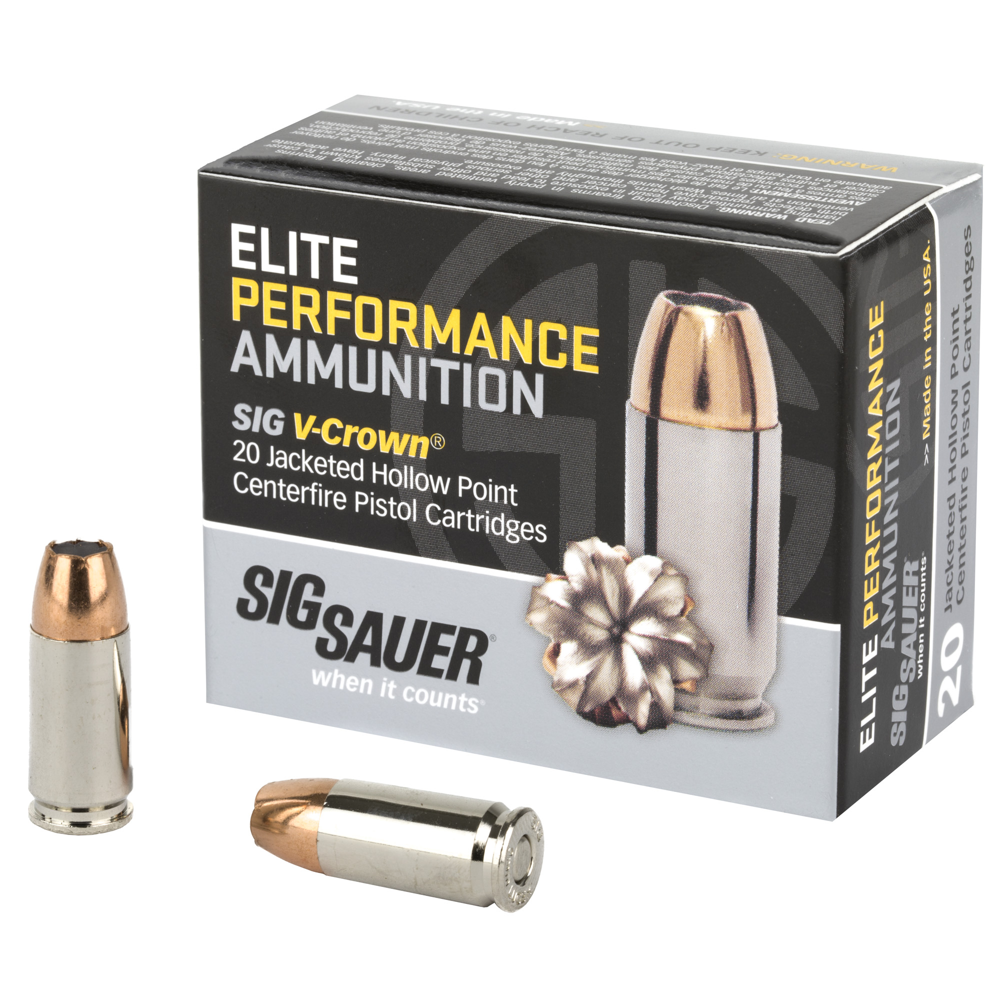 SIG Sauer Elite 9mm Luger V-Crown JHP Ammo 115 Grain MPN # E9MMA1-20, UPC: 798681501724,