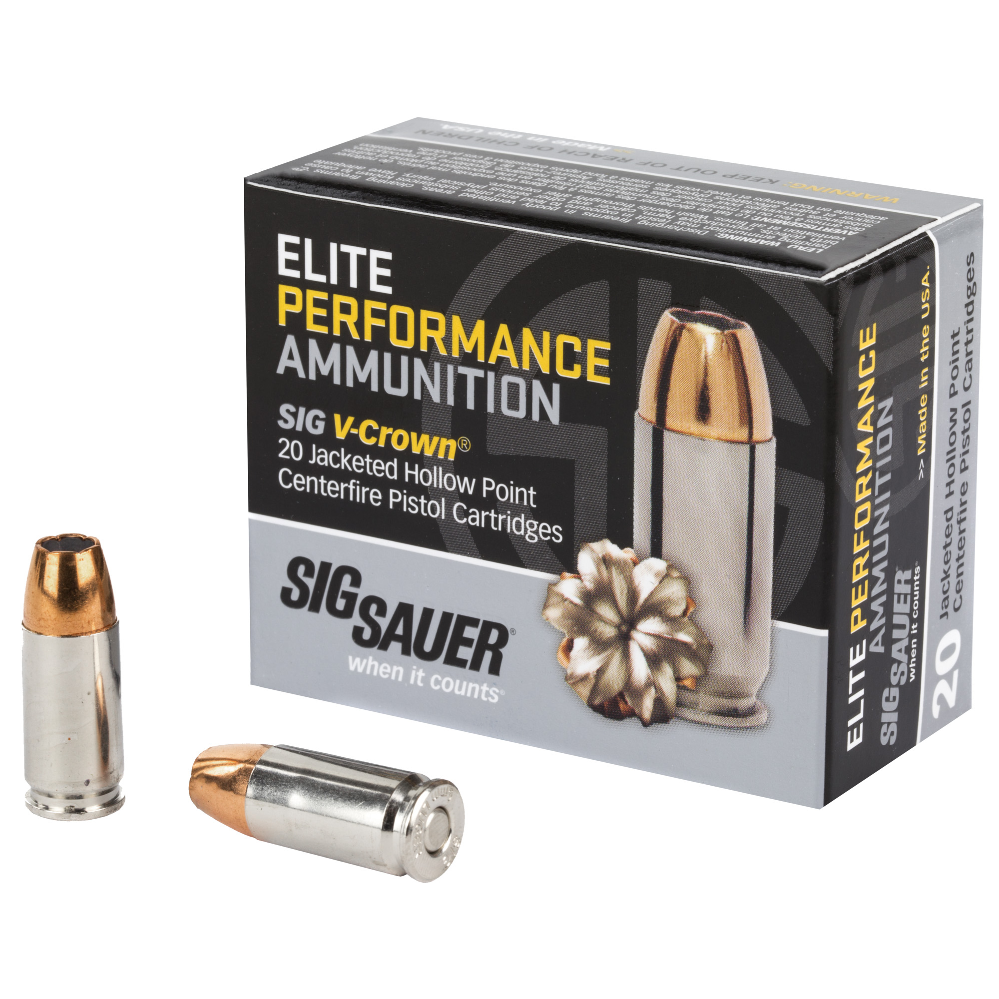 SIG Sauer Elite, 9mm Luger, V-Crown JHP Ammo, 124 Grain,  MPN # E9MMA2-20	, UPC: 798681458202