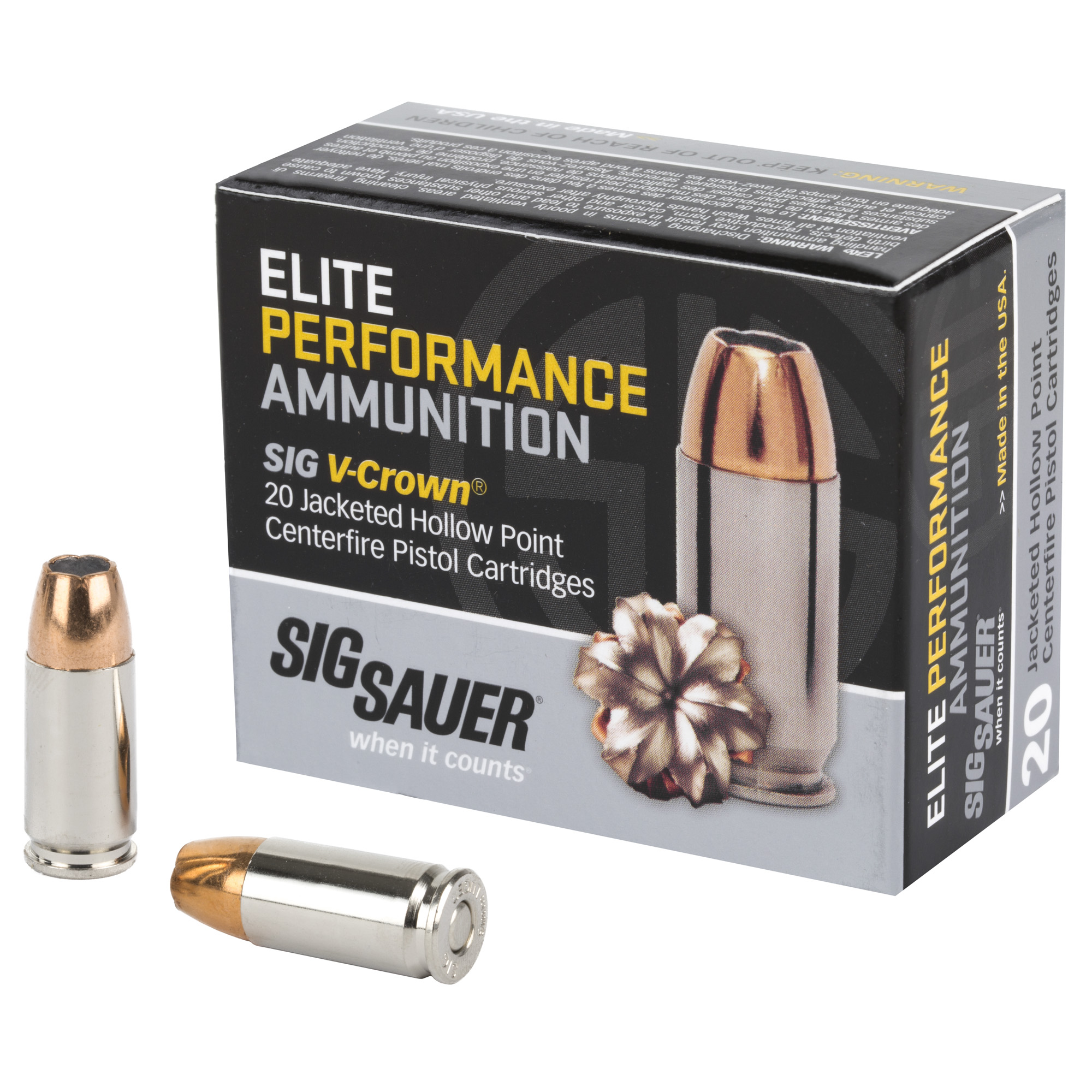 SIG Sauer Elite, 9mm Luger, V-Crown JHP Ammo, 147 Grain,  MPN # E9MMA3-20	, UPC: 798681501748